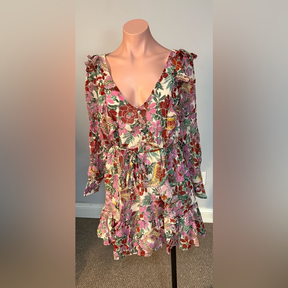 TOPSHOP Ruffle Floral Boho Mini Dress In Multi - Picture 2 of 3
